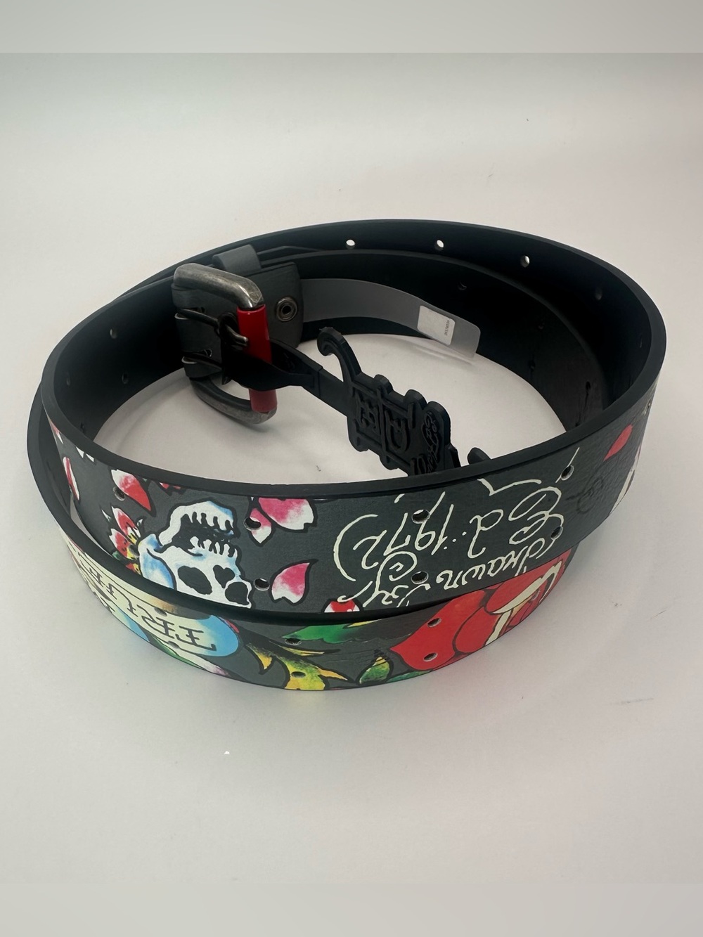 Ed Hardy Men's Graphic Print Studded Skull Belt Adjustable Buckle Black 42